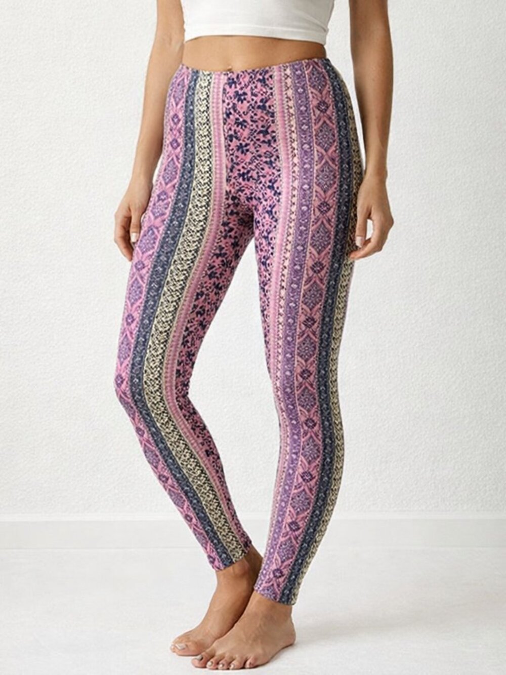 DOCELE Bohemian Pink Vertical Floral Soft Brushed Casual Leggings OS(S-L)